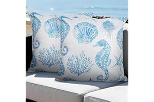 cygnus Coastal Outdoor Pillow Covers 18x18 inch Waterproof Seahorse Seashell Coral Beach Nautical Throw Pillow Covers for Pat