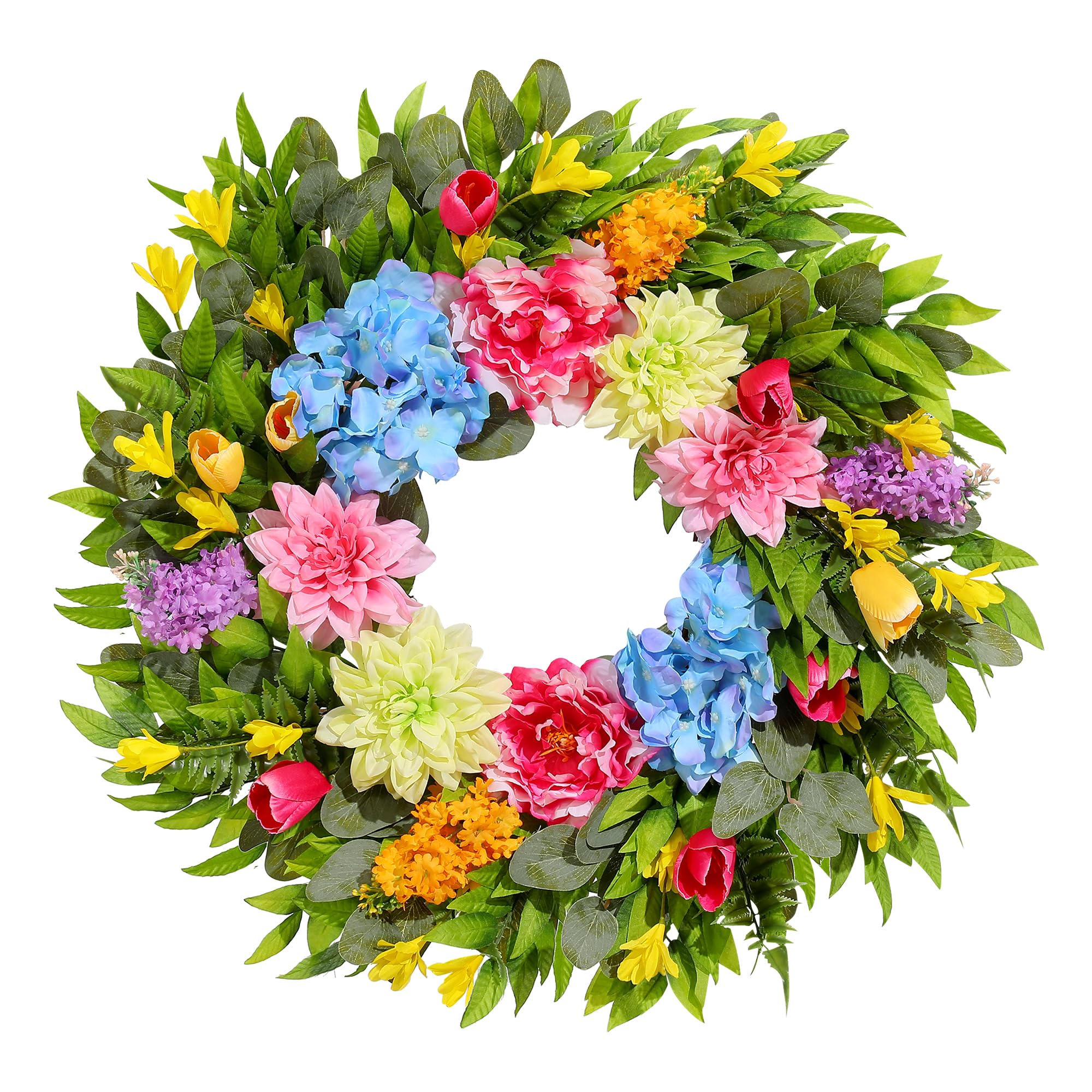 24 Inch Spring Wreaths for Front Door with Dahlias, Hydrangeas, Peonies, Eucalyptus - Artificial Spring Summer Front Door Wreath for Farmhouse, Porch, Window, Wedding, Indoor Outdoor Home Decor