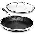 HexClad Hybrid Nonstick 12-Inch Fry Pan with Tempered Glass Lid, Stay-Cool Handle, Dishwasher and Oven Safe, Induction Ready,
