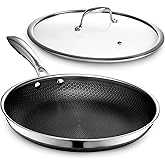 HexClad Hybrid Nonstick 12-Inch Fry Pan with Tempered Glass Lid, Stay-Cool Handle, Dishwasher and Oven Safe, Induction Ready,