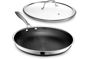 HexClad Hybrid Nonstick 12-Inch Fry Pan with Tempered Glass Lid, Stay-Cool Handle, Dishwasher and Oven Safe, Induction Ready,