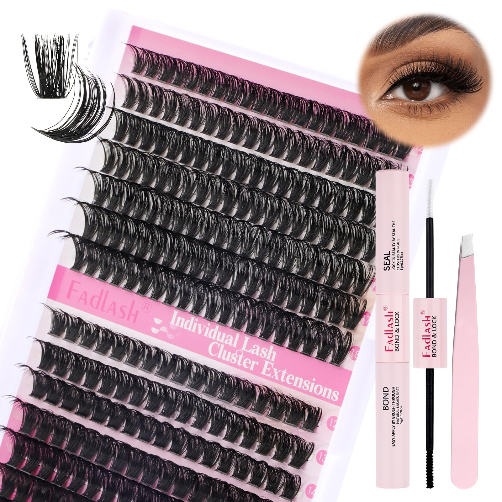 FADLASH 60D+80D 0.07mm D Curl 12-18mm with Bond and Seal and Tweezers Fluffy Cluster Lashes DIY Eyelash Extensions — image 1