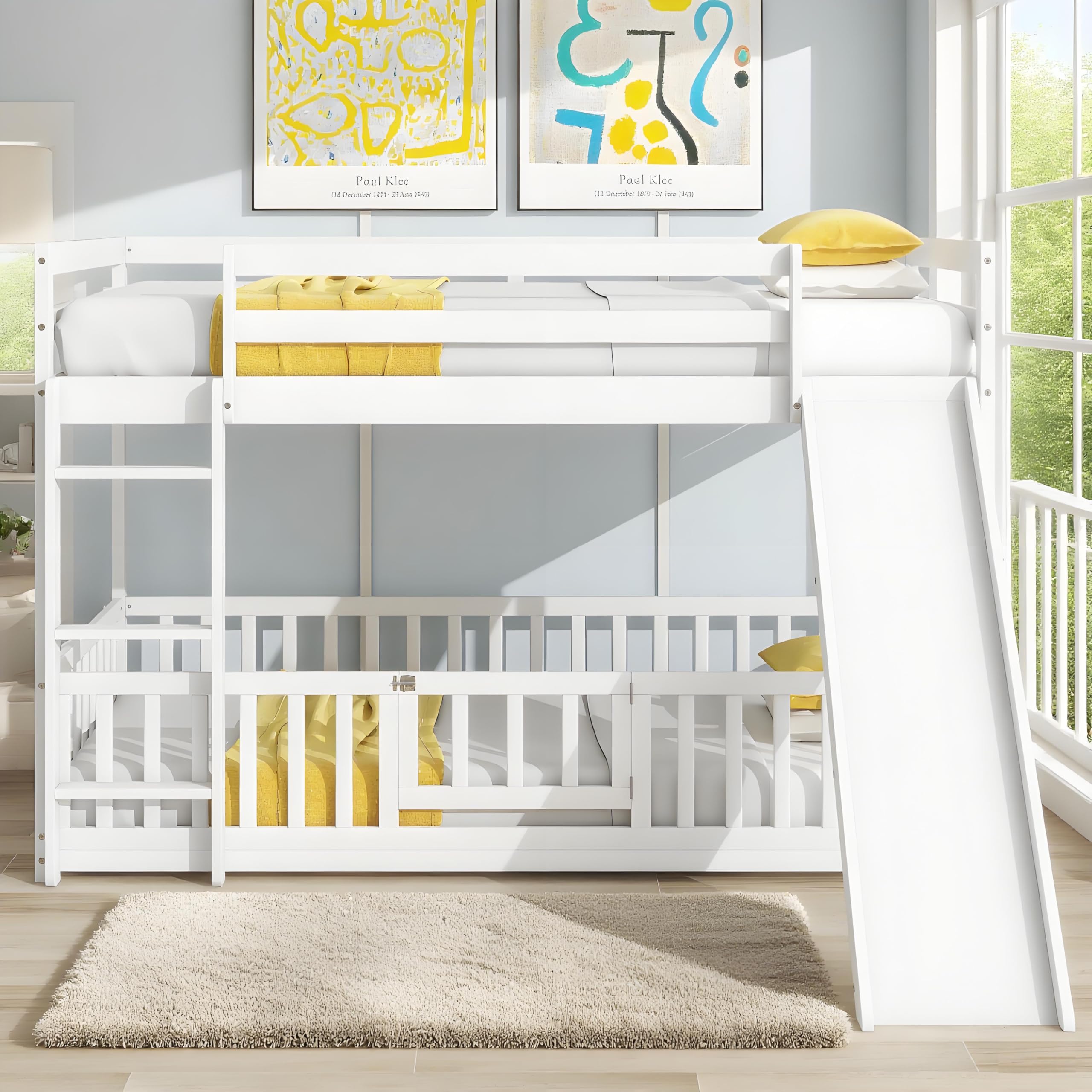 Photo 1 of LINKHOO Twin Over Twin Floor Bunk Bed with Slide, Pine Bunkbeds with Door, Safety Guardrails and Ladder for Bedroom, Guest Room, No Springs Required, White