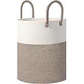 HOBASKET Large Woven Laundry Basket Hamper, 60L Cotton Rope Storage Basket for Blankets in Living Room, Decorative Tall Nursery Hamper for Clothes and Toys, White and Brown