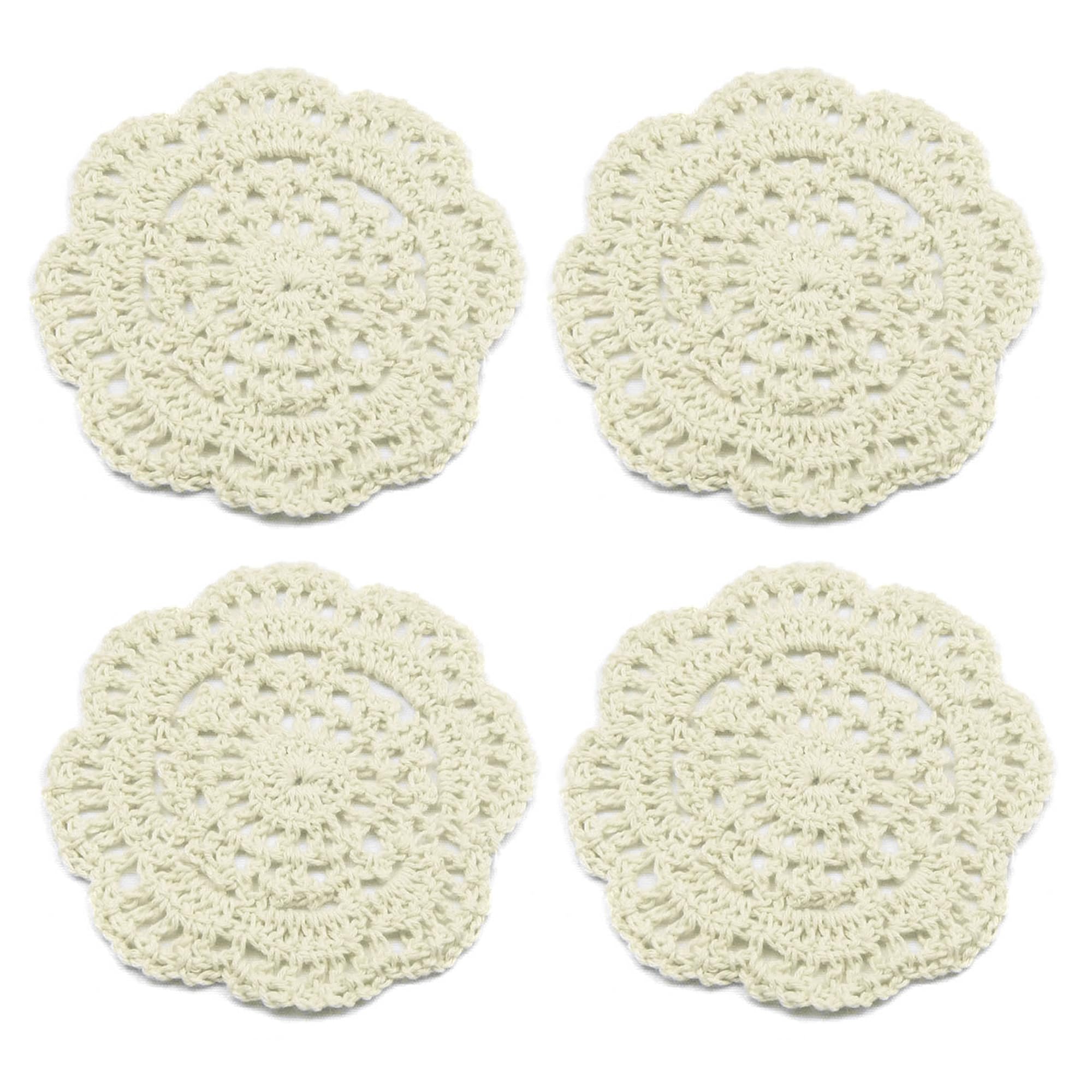 kilofly Small Crochet Cotton Lace Coasters Doilies Pack Set, 4pc, Beige, Round, 4 inch