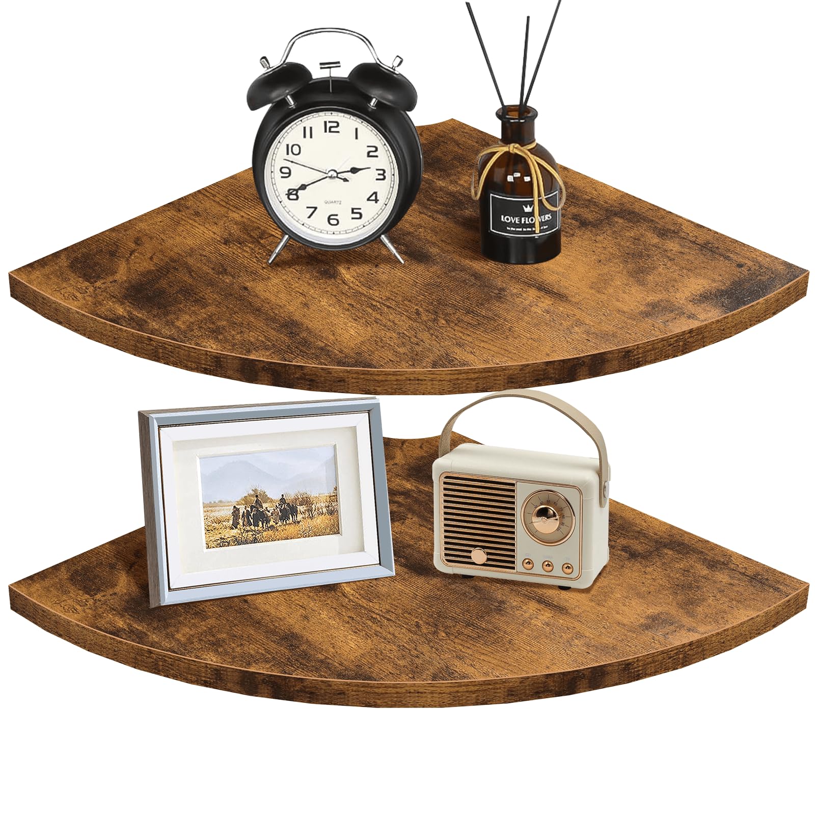 Photo 1 of Homode Corner Shelf Wall Mount, 12 Inch Wood Floating Corner Shelves with Cord Hole, Set of 2 Large Corner Hanging Shelves for Bathroom Bedroom Kitchen, Rustic Brown