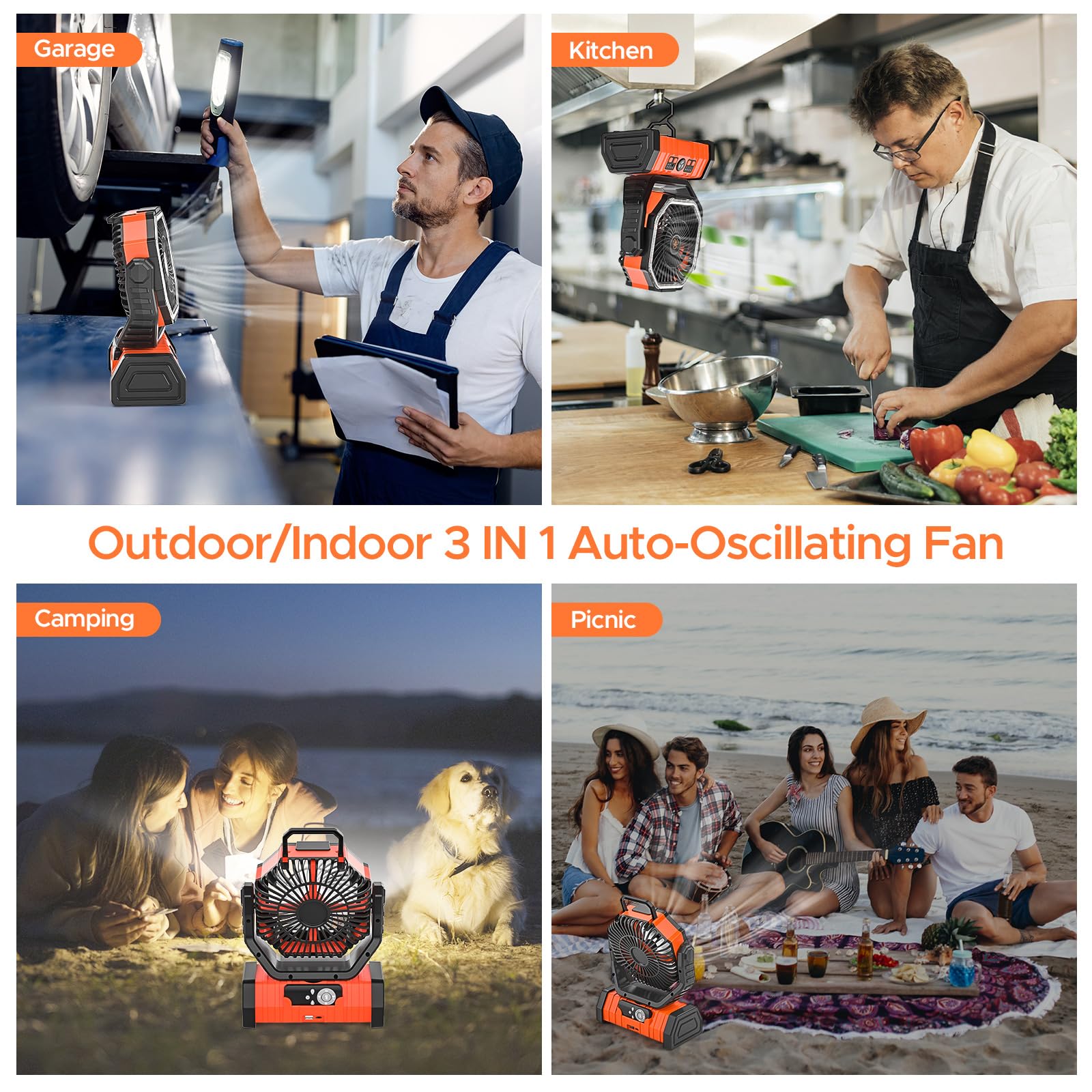 Rechargeable Camping Fan with LED Lantern, 20000mAh Auto-Oscillating Battery Operated with Remote/Hook/Timer, 8” Portable Fan for Picnic, Fishing,Tent, RV, Power Outages, Hurricane(Orange)