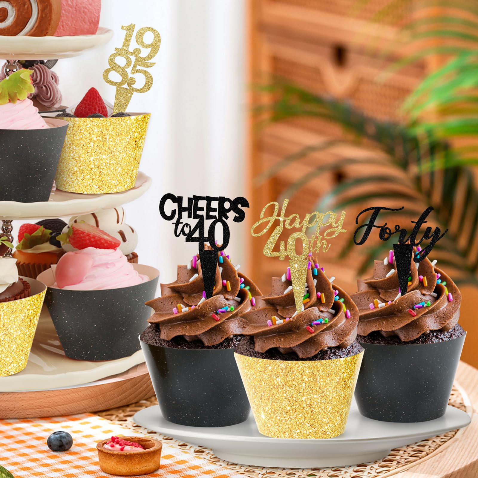 48 Pack Happy 40th Birthday Cupcake Toppers and Wrappers, Glitter Fabulous Vintage 1985 Cake Decor Cheers to 40 Year Cupcake Decorations for 40th Birthday Anniversary Party Supplies