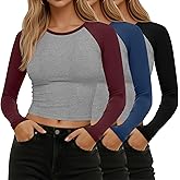 Huukeay 3 Pcs Women Raglan Long Sleeve Crop Tops Color Block Baseball Shirt Y2k Going Out Top