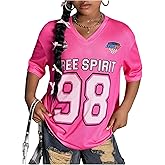 RoseSeek Girl's Oversized T Shirts Letter Number Mesh Jersey Tops Short Sleeve V Neck Drop Shoulder Tees