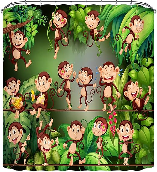 Amazon Com Lb Jungle Animal Monkey Shower Curtain Cartoon Forest Green Leaves Funny Shower Curtain Set For Bathroom Decor 70x70 Inch Waterproof Fabric Shower Curtain With Hooks Kitchen Dining