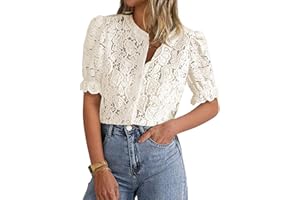 PRETTYGARDEN Womens 2026 Spring Lace Tops Short Puff Sleeve Casual Dressy Blouses Eyelet Crew Neck Button Down Shirts