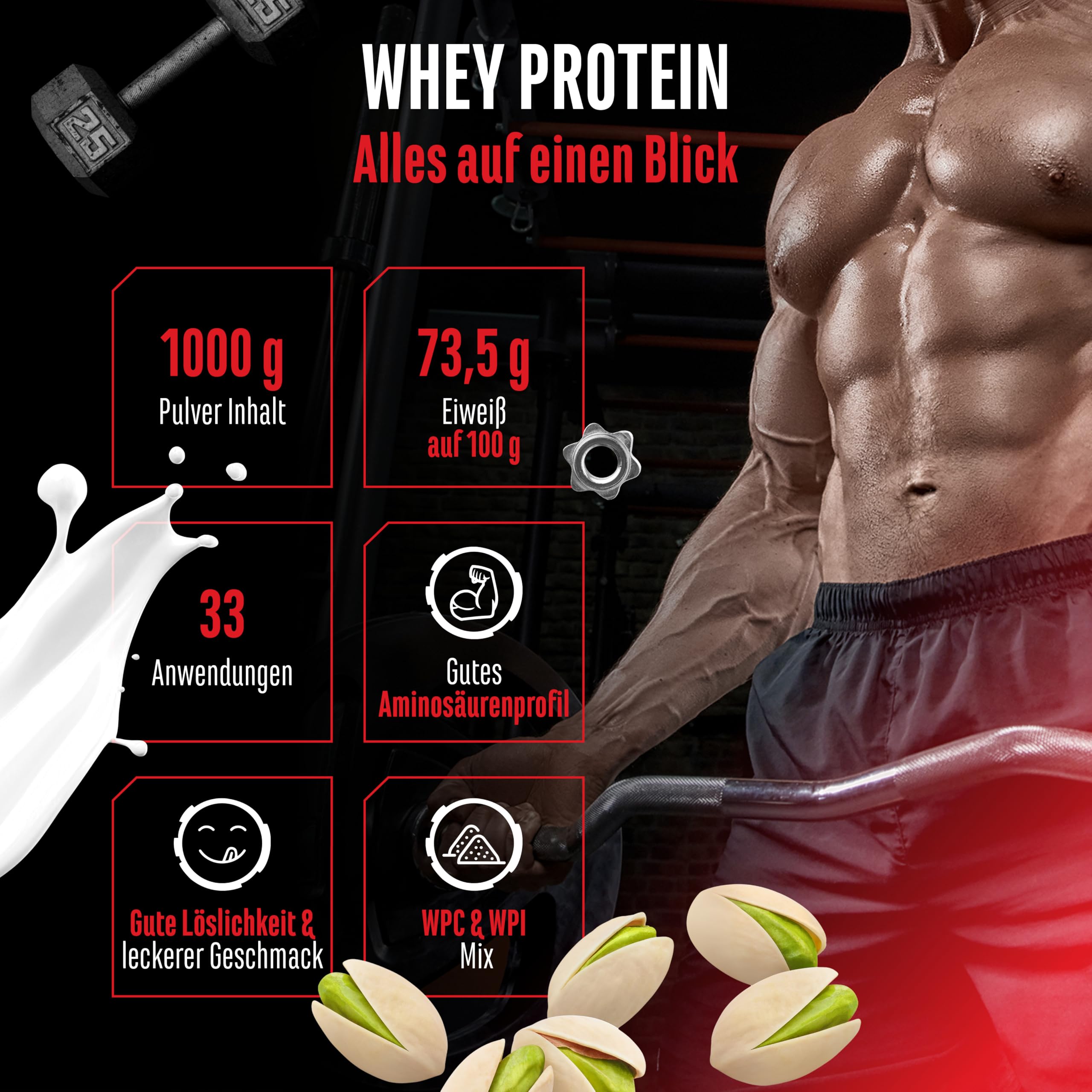 Whey Protein Pulver - 1000 g (Pistazie) - Mit Isolate Anteil - bis zu 22 g Protein pro Portion - Instant lösliches Eiweiß Protein Pulver mit BCAA & EAA 2