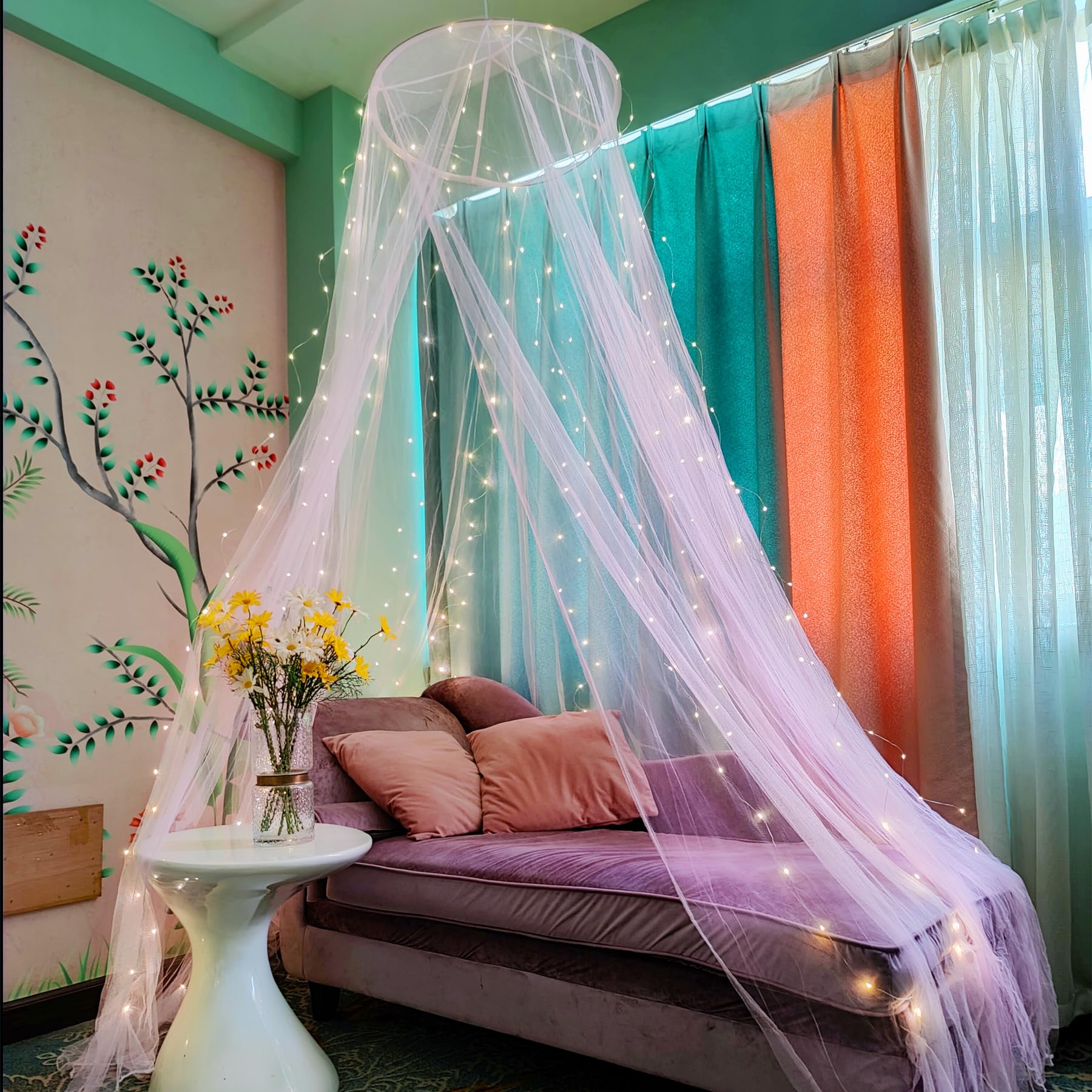 Eimilaly Bed Canopy Mosquito Net with 250pcs Warm Curtain Lights, Bed Canopy for Girls Room Decor or Theme Party, White/Warm Lights — image 1