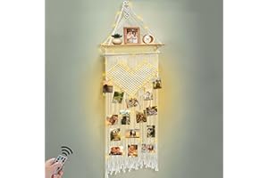 Homecor Macrame Photo Display Hanging Shelf, Boho Wall Room Dorm Bedroom Love Decor, Picture Frame Collage Board with L-Ight 30 Clips, Christmas Teenage Teen Girl Gifts Ages 10 11 12 13 14 Years Old