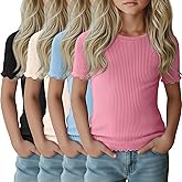 LessonZoo 4 Pack Girls Short Sleeve Tops Ribbed Cotton Lettuce Trim T Shirts Crew Neck Cute Basic Tees for Kids Teen 5-14Y