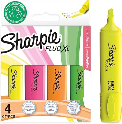 Marcadores fluorescentes Fluo XL | Ponta chanfrada | Iluminadores fluorescentes Amarelo-Rosa & Verde | Pacote de 4 Marcadores