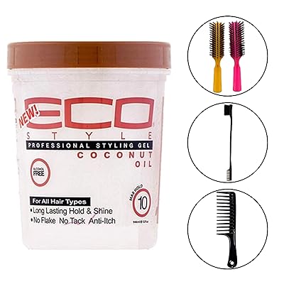 Eco Style Gel Coconut Oil, 32 Ounce (Including Double Sided Edge Control Hair Brush, Detangling Wide Tooth Comb &amp; 2 pc Colorful Handle Nylon Bristles Brushes)