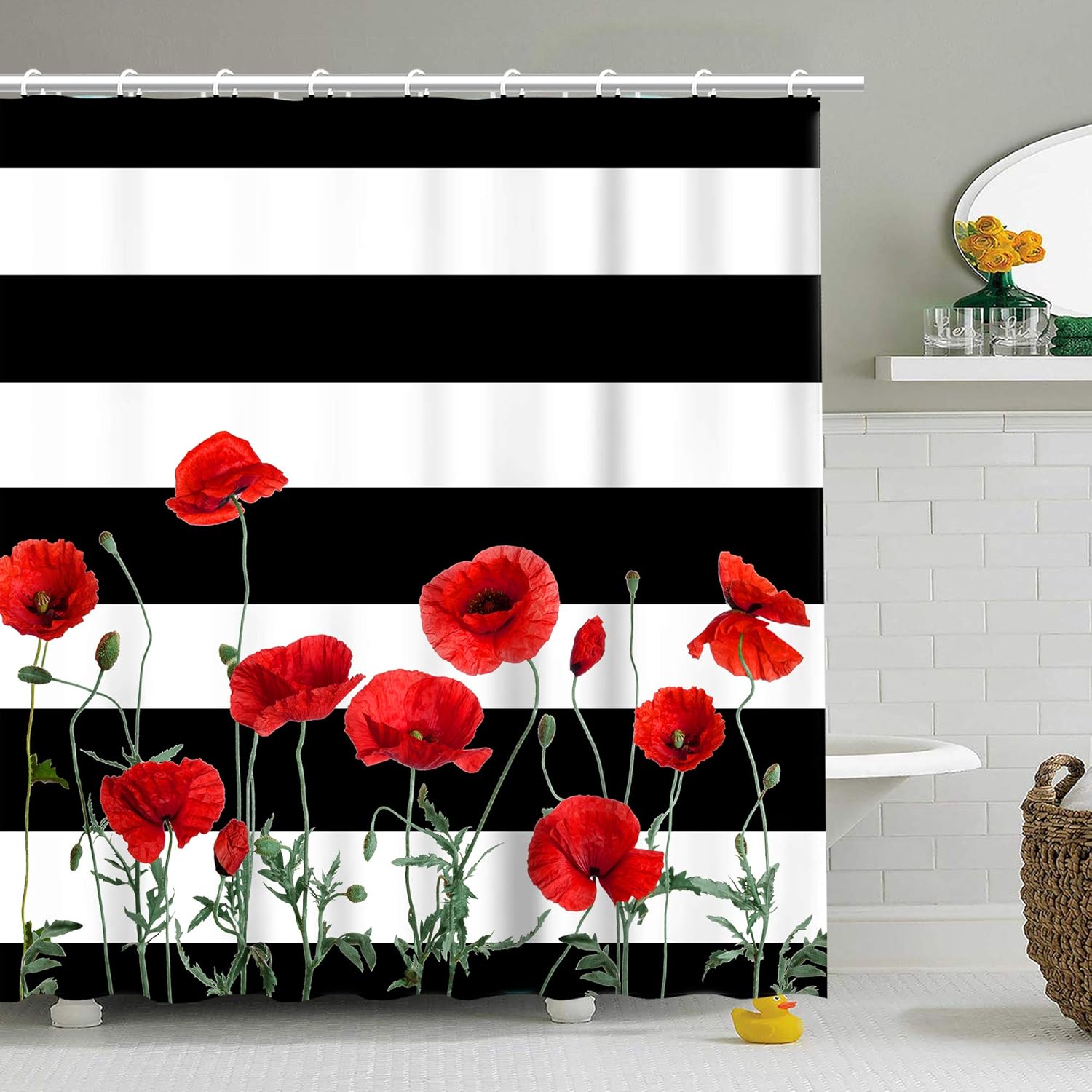 Stacy Fay Red Poppy Shower Curtain, Striped Fabric Bathroom