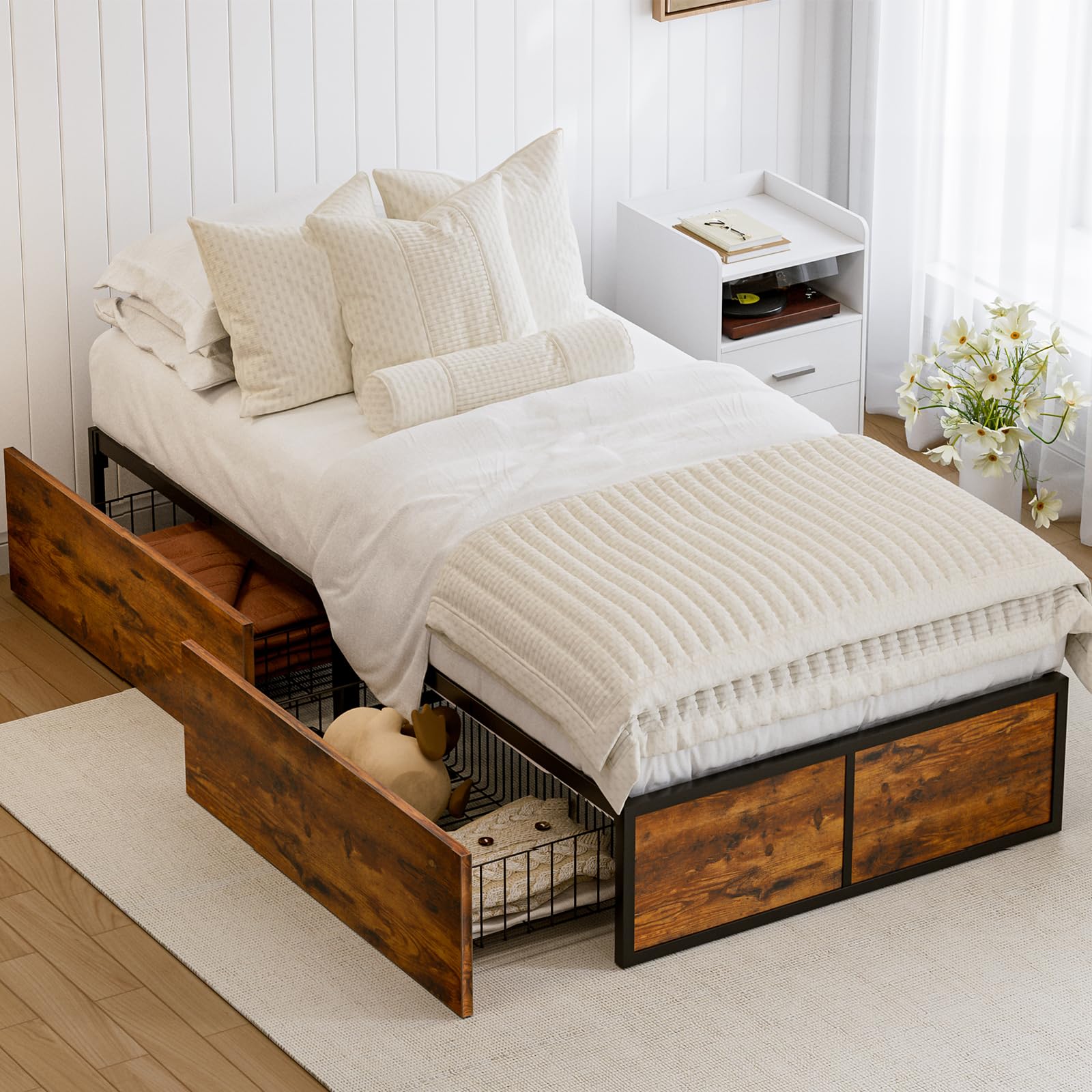 Photo 1 of ***TWIN SIZE*** GAZHOME Twin Bed Frame with 2 XL Storage Drawers, Metal Platform Bed Frame with Footboard, 9 Strong Metal Slat Support/No Box Spring Needed/Easy Assembly/Space Saving Wood
