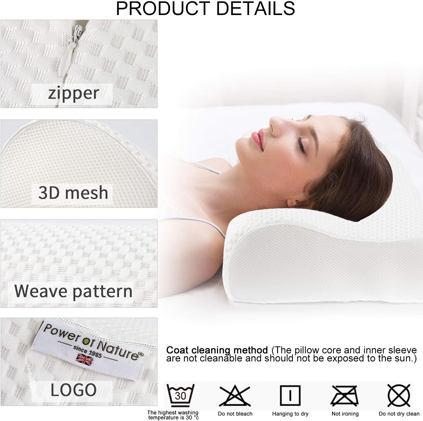 Power of Nature Memory Foam Pillow for Sleeping, Orthopedic Contour Cervical Pillow for Neck, Shoulder Pain, Pillows for Back Stomach Side Sleeper with Washable Breathable Cover: Home & Kitchen