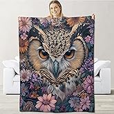 cromcu Floral Owl Blanket for Girls Women, Flannel Realistic Nature Blankets Gifts, Bird and Garden Flower Botanical Soft Warm Cozy Throws for Sofa Couch Bed Living Room Bedroom Home Decor 60" x 50"