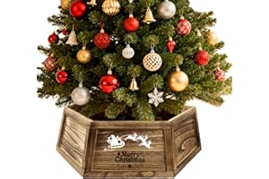 Wooden Christmas Tree Skirt, Rustic Burnt Paulownia Base Cover, Farmhouse Skirt Alternative, Detachable Hexagon Fence for Chr