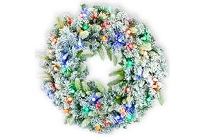 YULETIME 24" Snowy Flocked Christmas Wreath with 50 Count Multicolor Raspberry Lights, Lighted Artificial Holiday Wreath with UL Listed Plug-in G12 LED String Lights (Multicolor G12)