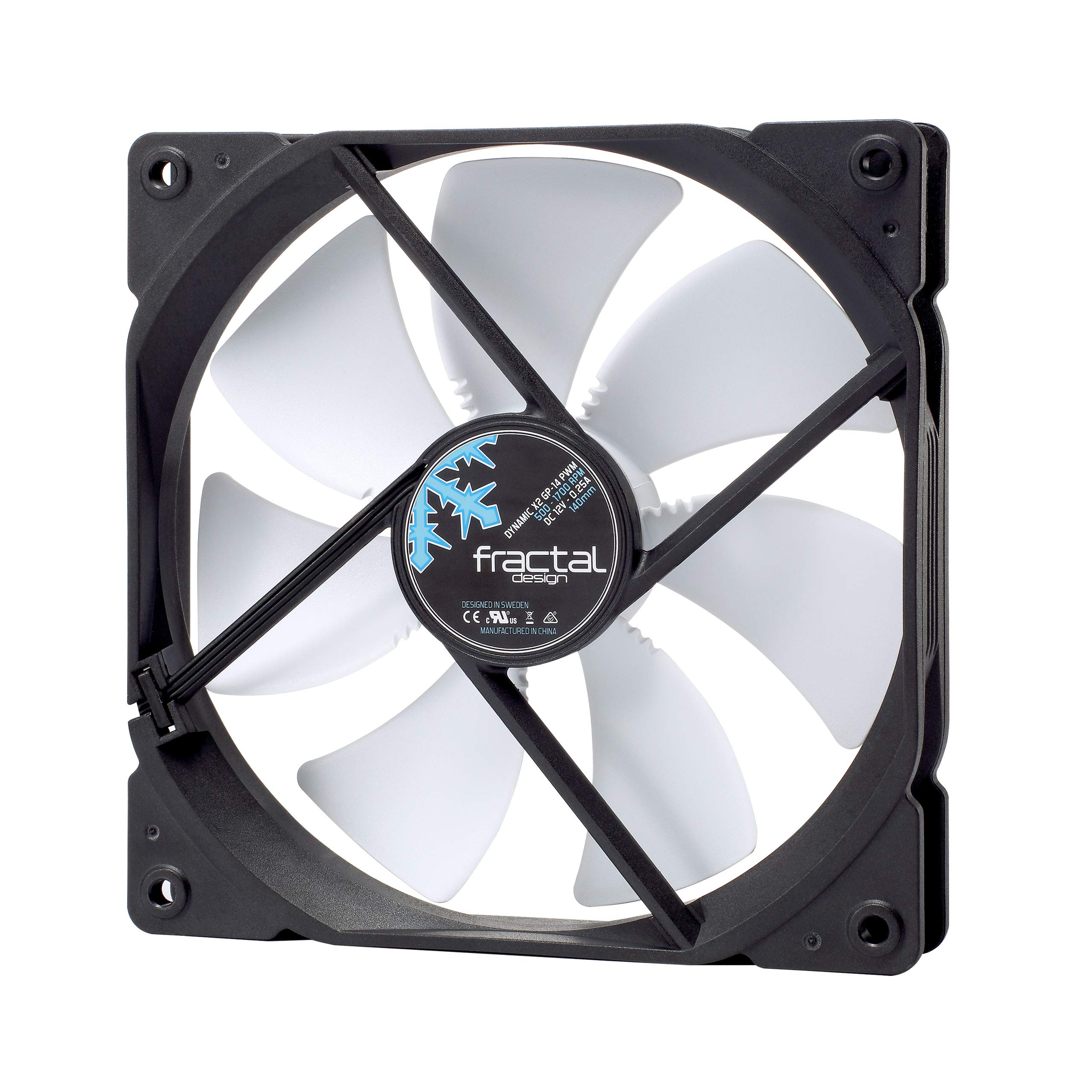 Fractal Design Dynamic X2 GP-14 PMW Computer Fan - Silent Fan - High Airflow – 140x140x25 mm – 1700RPM – FDB-Bearings – Trip Wire - Aerodynamically shaped struts – 12v - Black/White (Single)