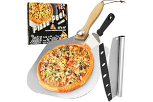 Pizza Peel Metal Pizza Spatula, 12 inch Aluminium Pizza Paddle with Foldable Wooden Handle with Rocker Cutter and Cheese Spat