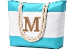 Becokan Initial Beach Bag Waterproof Canvas Beach Tote Bag Zipper Personalized Gifts for Women Her Birthday Travel Essentials