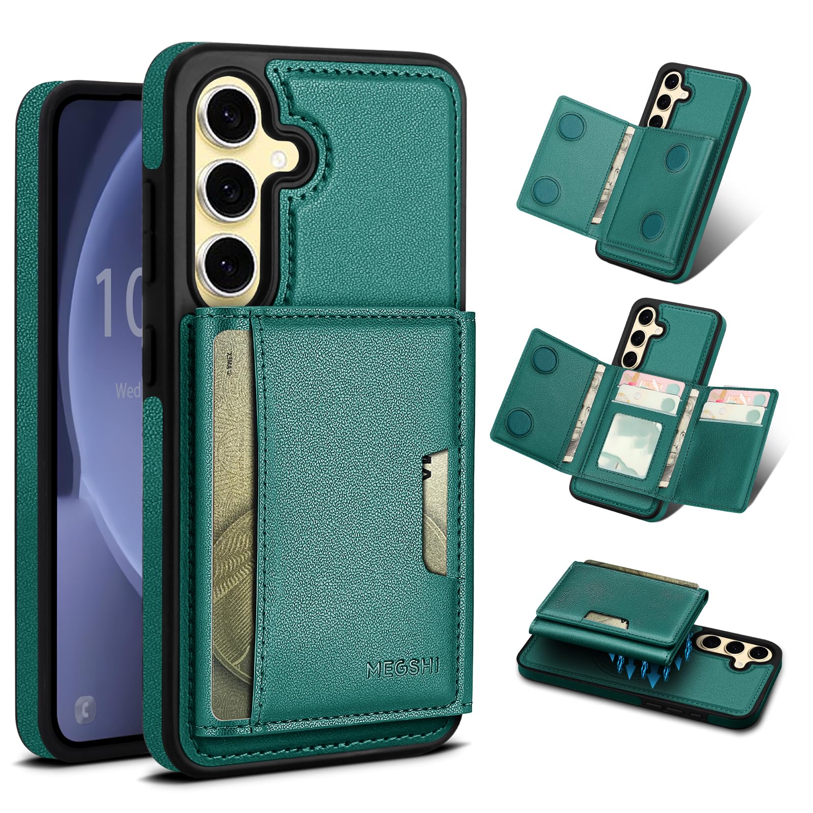 Godzoen for Samsung Galaxy S24 Wallet Case, 2-in-1 Detachable Magnetic Wallet Case, Card Holder RFID Blocking, Fashionable Faux Leather Card Slot & Folding Design (Green)