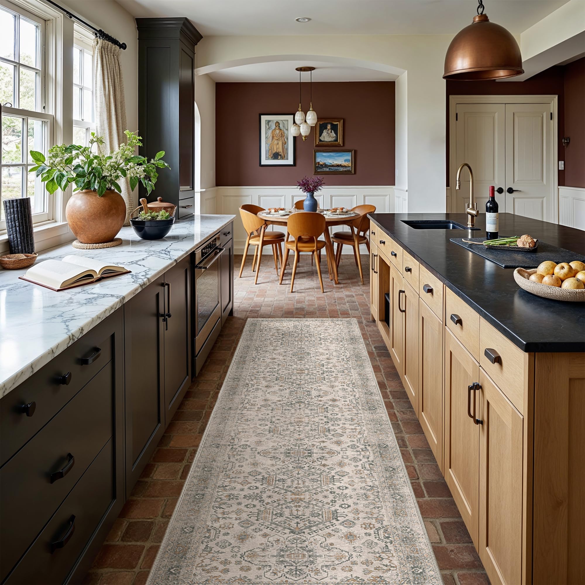 Bavni Washable Runner Rug 2’6”x10, Non Slip Vintage Hallway Runner, Ultra Thin Low Pile Washable Carpet for Kitchen Entryway Bedroom, Light Taupe Brown Image