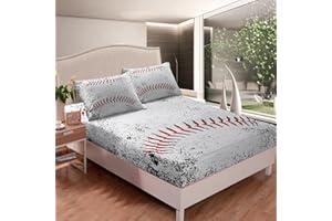 NINENINE Baseball Fitted Sheet Twin Size, Sports Bedding Set for Boys,White BedSheets Teen Kids Sheet Set with 1 Fitted Sheet and 1 Pillow Case