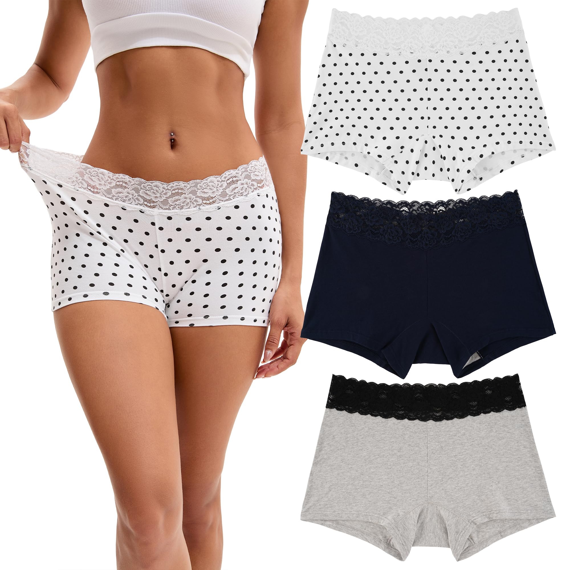 Photo 1 of INNERSY Women's Underwear Cotton Breathable Boyshorts Panties Boxer Briefs for Women 3 Pack(White/Blue/Gray,X-Large)