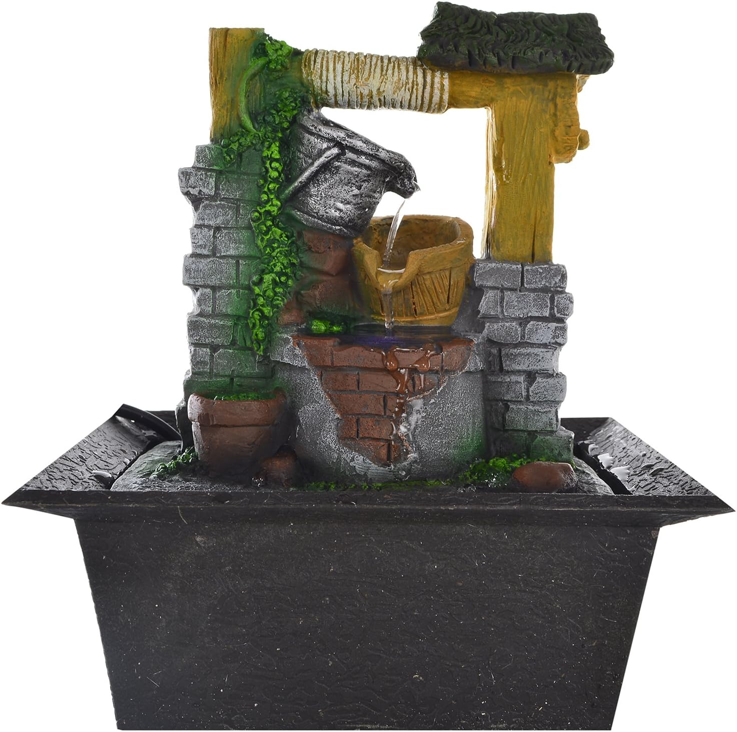 Chronikle Designer Polystone 3 Steps Indoor Table Top Water Fountain with LED Lights and Water Pump (Brown,Grey, 22cm X 19cm X 14cm)