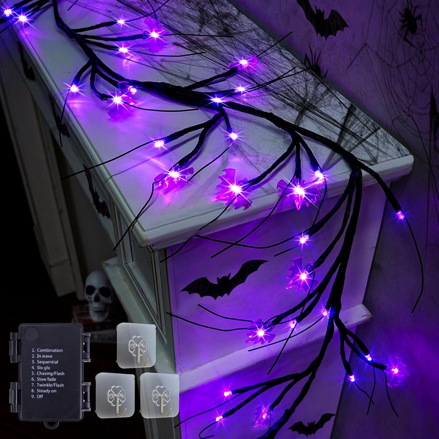 Wreaths, Garlands & Swags - RJZZ 6FT 54LED Halloween Garland with Lights Willow Vine Twig Bat Lights with Timer 8 Modes Waterproof Purple Halloween Lights Indoor Battery Operated Halloween Garland for Mantle, Wall, Fireplace