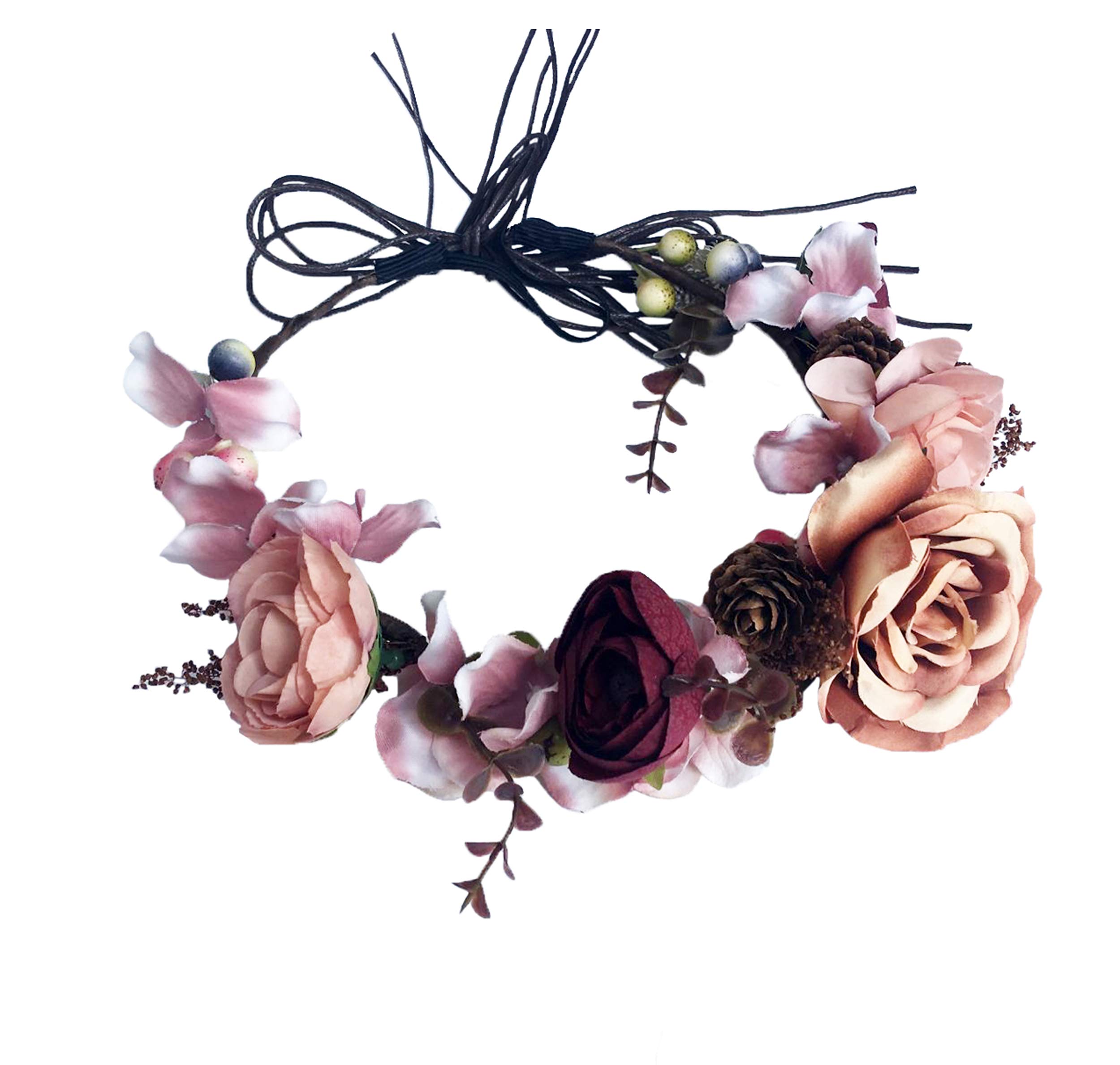 Photo 1 of LLinfflr Floral Crown Headband Flower Headpiece Floral Halo Hair Wreath Boho with Ribbon Wedding Party Photos Prom Brown