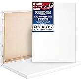 U.S. Art Supply 24 x 36 inch Stretched Canvas 12-Ounce Triple Primed, 3-Pack - Professional Artist Quality White Blank 3/4" Profile, 100% Cotton, Heavy-Weight Gesso - Acrylic Pouring, Oil Painting