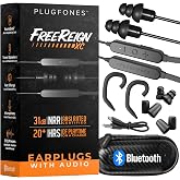Plugfones FreeReign XC Bluetooth Hearing Protection Earplug Headphones | 31dB NRR Noise Reduction, Work Earbuds for Construction Warehouse, OSHA Safety Ear Plugs, Foam Silicone Tips, Black, with Mic