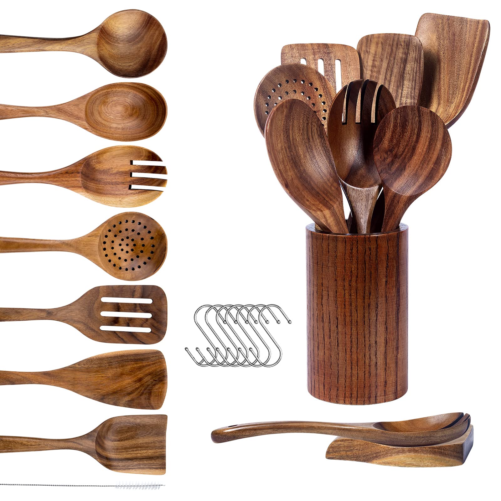 GUANKE Wooden Spoons for Cooking Natural Teak 9 Piece Wooden Cooking Utensils Set with Holder & Spoon Rest Non-Stick Smooth Wooden Spoons & Spatula Ideal Cookware for Kitchen Essentials