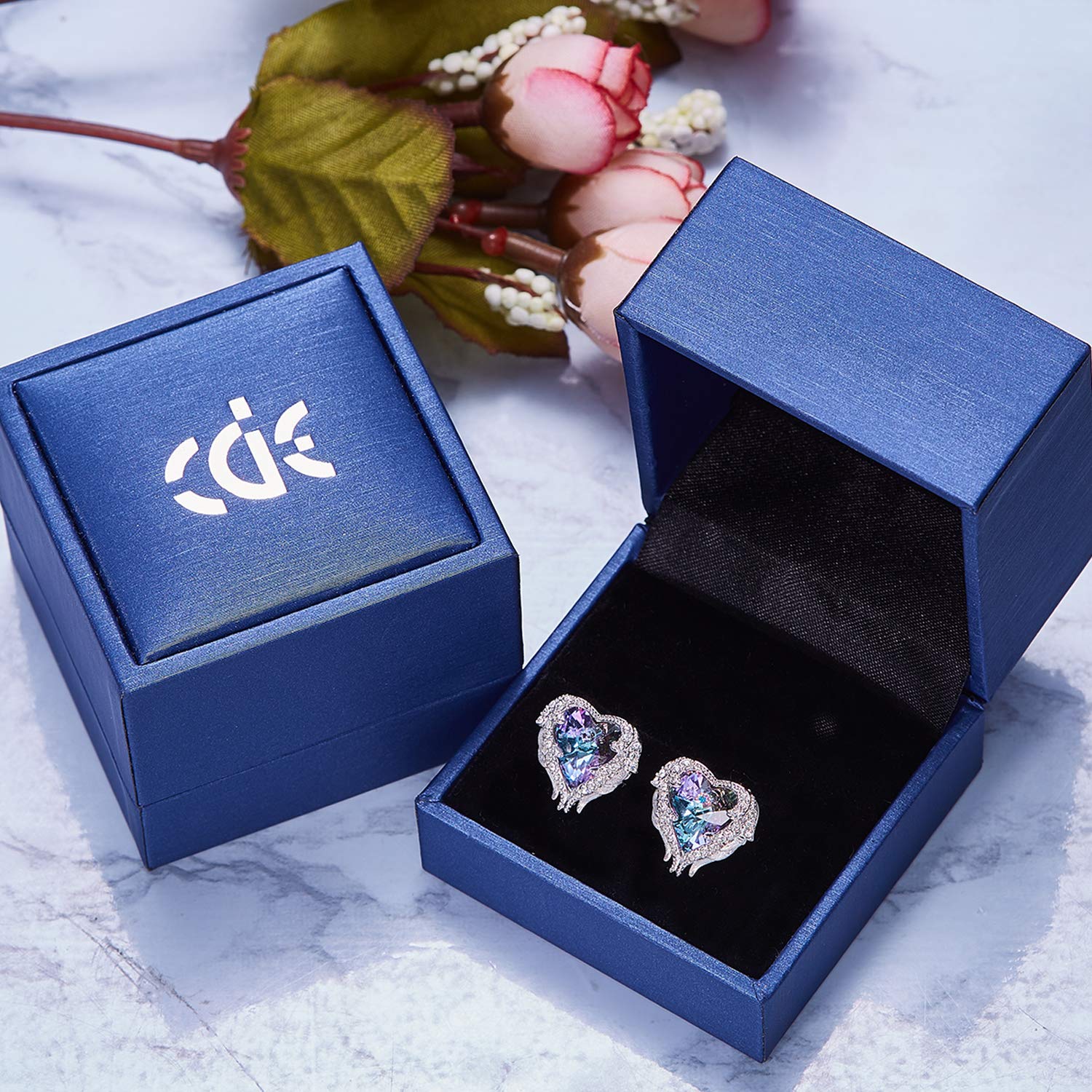 CDE Earrings for Women Swarovski Crystal Studs Silver Angel Wing Purple Heart Jewelry for Girls