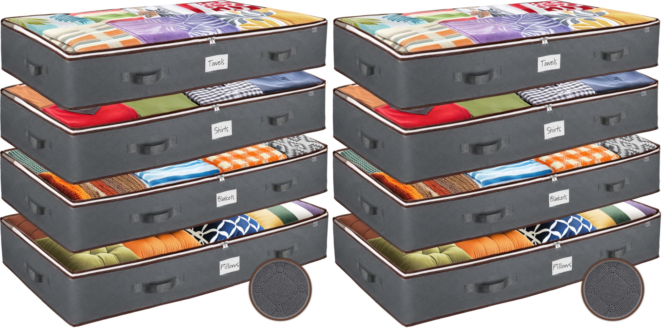 Under Bed Storage Bins - Pack Of 8 Under The Bed Storage Containers For Clothes, Blankets, Winter Clothing, & Shoes - Underbed Storage Containers With Handles, Dual Zippers, & Clear Top
