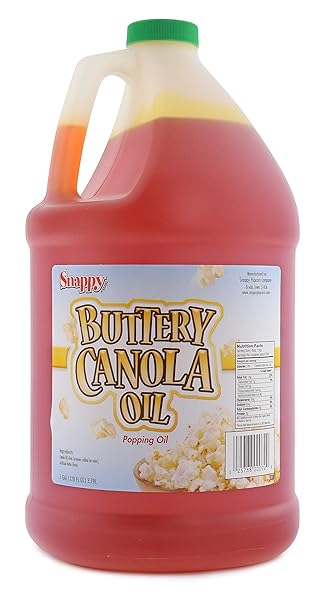 SNAPPY BUTTERY CANOLA OIL, LOWER FAT BUTTER FLAVORED POPCORN OIL FOR POPCORN MACHINE AND STOVETOPS NATURALLY COLORED WITH BETA CAROTENE, 1 GALLON SIZE, PREMIUM COOKING INGREDIENT