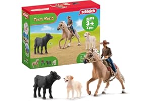 Schleich Farm World - 6PC Rodeo Calf Adventure Playset - Cowboy Rider Figurine with Horse Figure, Cow and Dog - Realistic Western Rodeo Farm Toys and Accessories - Kids and Toddlers Ages 3+ | 42578