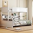 RuiSiSi Twin XL Over Queen Bunk Bed with Storage, Solid Wood Bunk Bed with Storage Cabinets and USB Ports for Kids Teens Adults, Safety Guardrail, No Box Spring Needed, Antique White