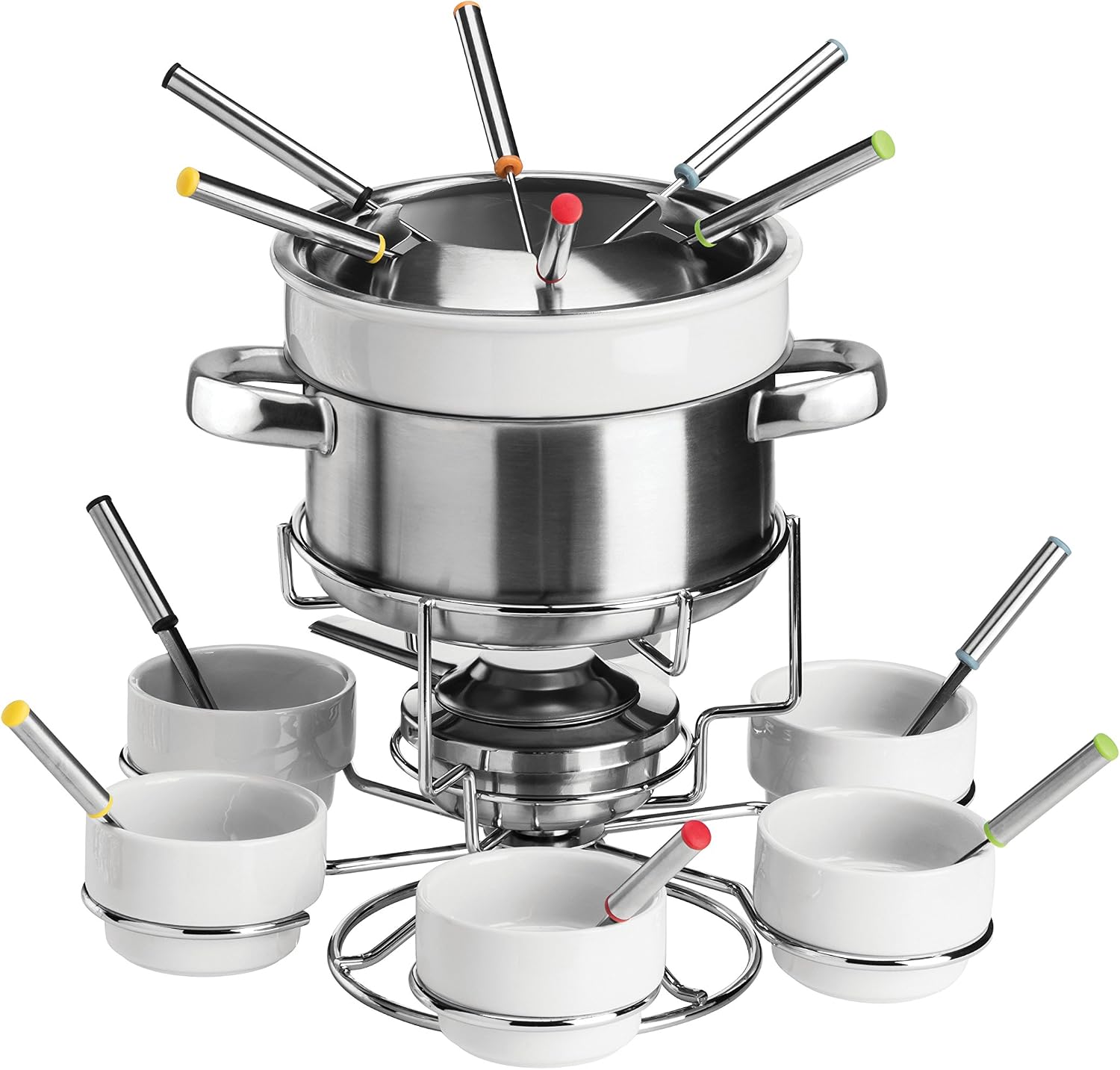 Premier Housewares Stainless Steel Fondue Set, Chocolate or Cheese, Porcelain Sets - White, H27 x W34 x D34cm