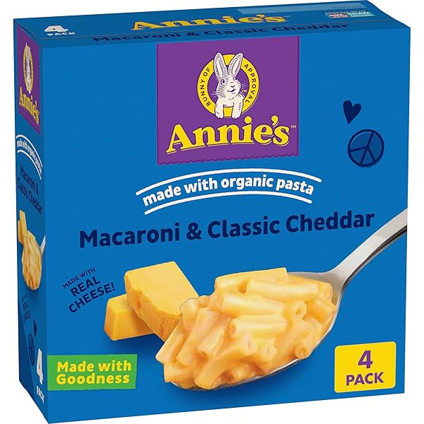ANNIE’S MACARONI AND CLASSIC CHEDDAR, MADE WITH ORGANIC PASTA AND REAL CHEESE, 4 CT, 24 OZ