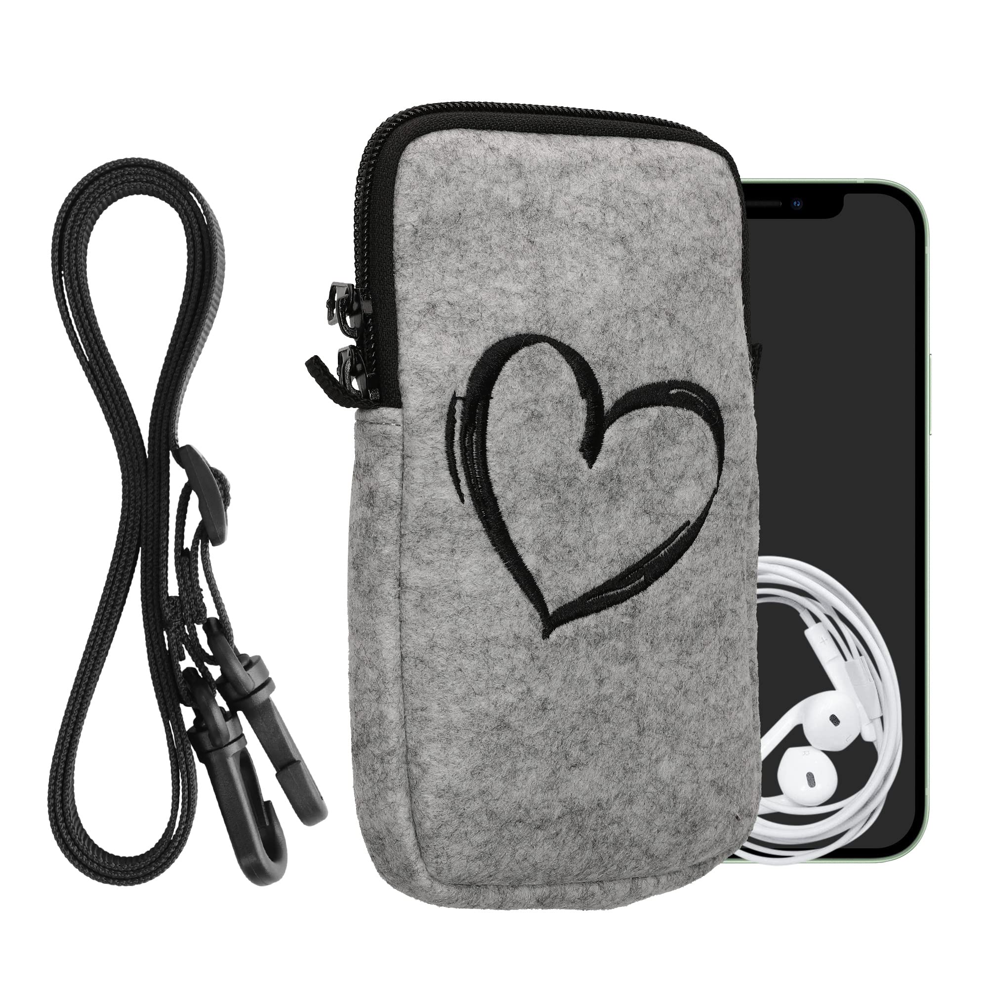 kwmobile Felt Phone Bag with Design L - 6.5" - 16.5 x 8.9 cm Strap Holder - Brushed Heart Black/Light Grey