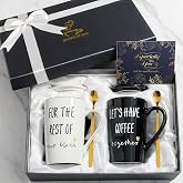 PIKPEOD Engagement Wedding Bridal Shower Mug Set Gifts for Couples His and Hers, Anniversary Valentine Christmas Housewarming Present for Bride and Groom, Newlywed, Mr and Mrs, Coffee Mug Set 14oz